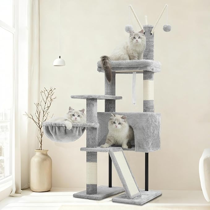 Cat Tree for Indoor Cats, Cat Tower with Scratching Post for Small Cats and Kittens, Cat House with Removable Top Platform and Fluffy Balls, Hanging Cat Basket, Light Gray GCT006SW