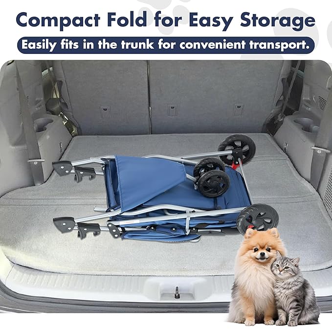 DUMOS 3 Wheels Pet Stroller for Small Dogs and Cats – Foldable Dog Stroller with Mesh Windows, Storage Basket & Cup Holder, Lightweight & Durable Pet Carrier for Travel, Outdoor Use – Blue