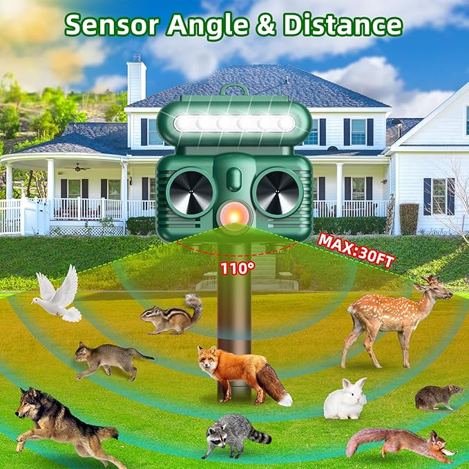2 Pack Solar Cat Repellent Outdoor, Solar Ultrasonic Animal Repellent Outdoor with Motion Detection, Flashing Light Deer Deterrent Device to Repel Dog Squirrel Rabbit Raccoon Skunk for Yard Farm