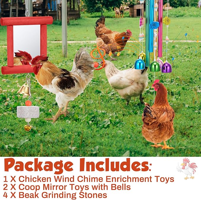 7 Pcs Chicken Toys, Hanging Chicken Wind Chime, 2 Pcs Coop Mirror Toys with Bells 4 Pack Beak Grinding Stones, Musical Coop Accessories for Hen Rooster Chick Poultry Bird(Rose Red, Green)