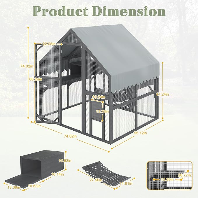 KEIKI 74" Large Outdoor Cat Enclosure for Multiple Cats, Weatherproof Wooden Catio with Platforms, Resting Boxes, Bridges and Canopy, Outdoor Cat House Cat Cage Outdoor, Gray