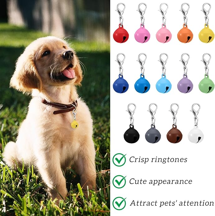 28Pcs Pet Bells for Dog Cat Collar Colourful Pet Small Bells with Clasps Dog Cat Collar Charms Pets Pendant Accessories Stainless Steel Keychain Loud Crisp Sound for Animal Christmas Decoration