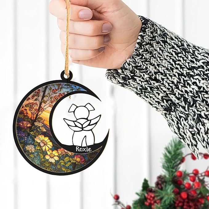 LOVELYPOD DIY Custom Dog Ornament Suncatcher Memorial Gifts for Dog Lovers, A White Dog with Wings on Window Hangings Suncatcher, Loss of Dog Sympathy Gift, Remembrance Gifts in Memory Dog (4 Inches)