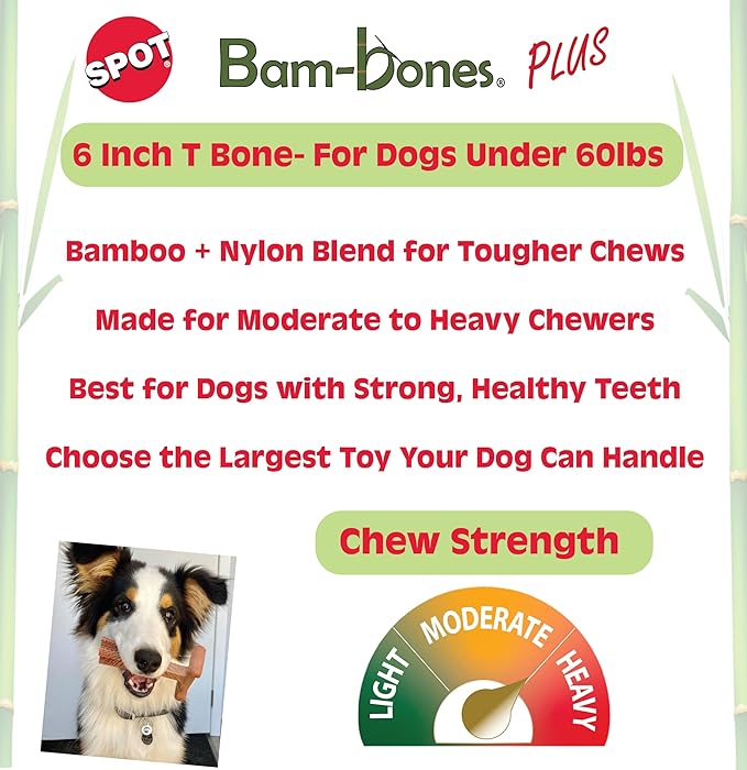 SPOT Bam-Bones Plus T-Bone, Bamboo Fiber & Nylon Dog Chew, Durable for Aggressive Chewers, Non-Splintering, for Adult Dogs & Teething Puppies Under 60lbs, 6in, Chicken Flavor