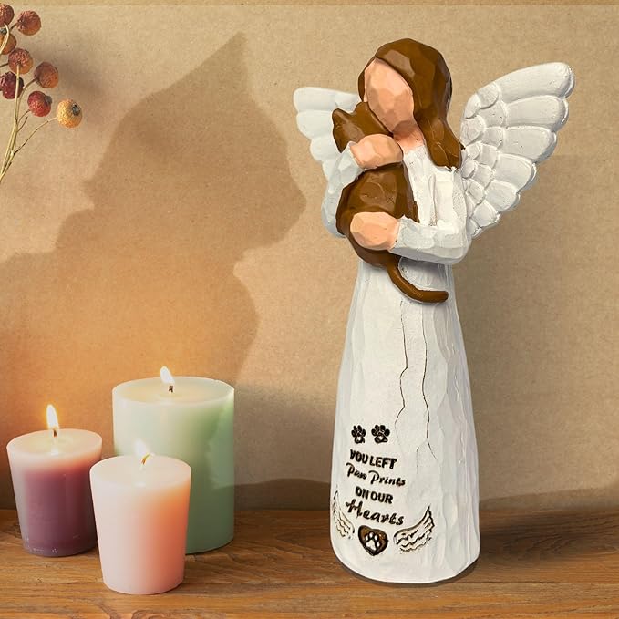 Brown Cat Memorial Angel Statue, Polyresin, Contemporary Religious Style, Tabletop, Handcrafted with Intricate Detailing, Pet Memorial Products, Sculpture