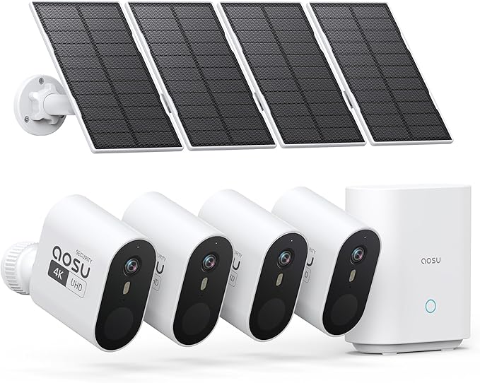 aosu 3K/5MP Security Cameras Outdoor Wireless Home Surveillance System, Solar Powered, 166° Ultra-Wide-Angle, Color Night Vision, Spotlight & Siren, Motion Alert, Easy Setup, No Monthly Fee, 4-Cam-Kit