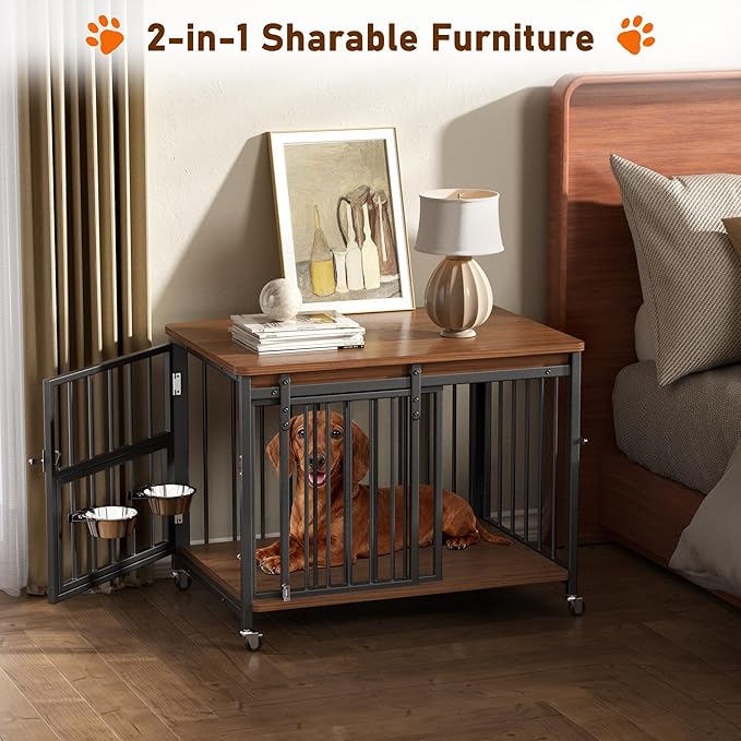 Dog Crate Furniture, 32’’ Wooden Dog Kennel Indoor with Sliding Front Door, Multi-Side Openings & Feeding Window Pet Cage House as TV Stand, End Table for Medium Dogs
