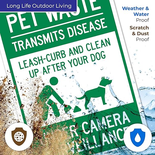 Pet Waste Leash-Curb and Clean Up After Your Dog Under Camera Surveillance Sign, 10x14 Inches, 55 mil Thick HDPS (high Density polystyrene), Made in USA