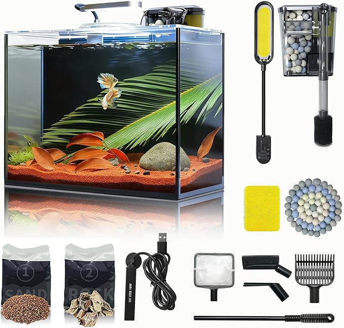 2.6 Gallon Small Aquarium Set Glass Fish Tank, Starter Kit with Heater Water Pump Cleaning System Filter Bright Light Rocks Gravel Cleaning Tool, Leak-Proof Clear Rimless Desktop Spaces Saving Betta