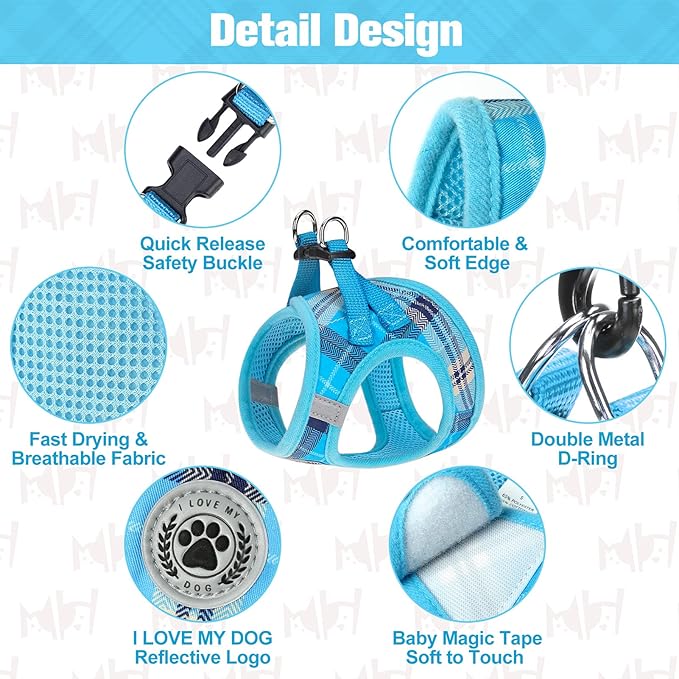 BEAUTYZOO Small Dog Harness and Leash Set,Step in No Choke No Pull Soft Mesh Dog Harnesses Reflective for Extra-Small Medium Puppy Dogs and Cats, Plaid Dog Vest Harness for XS S Pets, Blue XS