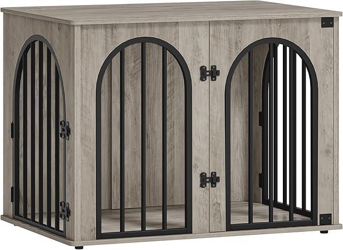 31.5'' Wooden Dog Crate Furniture, Indoor Dog Kennel Dogs Cage for Small/Medium Dogs, Heavy Duty Dog Crates Decorative Pet House End Side Table TV Stand, Greige Black DFC85105B