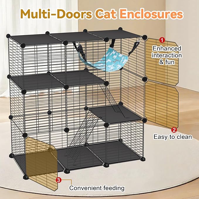 Cat Cage, 3-Tier DIY Catio Cat Enclosures, 36" x 16" x 36" Cat Playpen Indoor & Outdoor with Hammock, Detachable Metal Wire Kennel Cats Crate, 3x1x3 Exercise Place for 1-2 Kitten/Squirrel