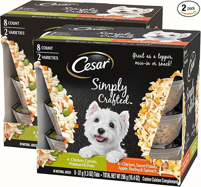 Cesar Simply Crafted Wet Dog Food Toppers for Dry Food, Chicken, Carrots, Potatoes & Peas and Chicken, Sweet Potato, Apple, Barley & Spinach Meal Topper Variety Pack, 1.3 oz. Tubs, 8 Count (Pack of 2)