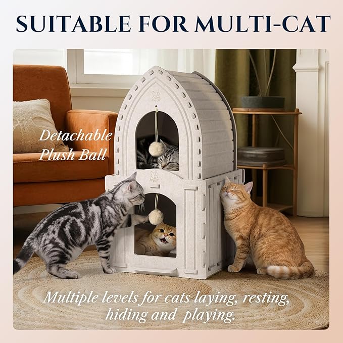 Apasiri 2-Story Cat House for Indoor Cats: Convertible 2-in-1 Felt Cat Condo, Scratch-Resistant, Hideaway Cave for Multi Small Pet Kitten to Relief Anxious, Transitional Modern Cat Furniture