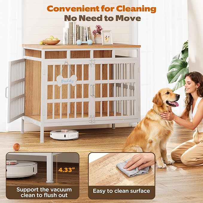 Large Dog Crate Furniture, Wooden Dog Kennel Furniture for Medium Large Dogs, Double-Doors Sturdy Metal Dog Cage for Anxiety Dog, Anti Escape Wooden Cage with Name Tag End Table, TV Stand Beige