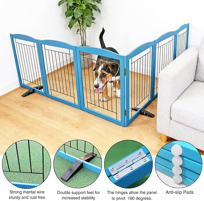 ZJSF Freestanding Dog Fence Indoor, Foldable Dog Gate for Doorways, Stairs or Hallways, Sturdy Wood Extra Wide Pet Gate with Support Feet for The House, Blue, 32 "Height-6 Panels