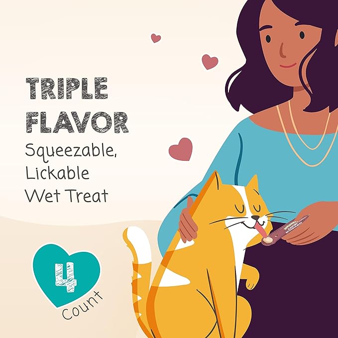 Savory Spoonables with Real Salmon, Tuna and Krill for Cats, 4 Count, Treat Your Cat to Triple Flavor Squeezable Lickable Wet Treats with Built-in Spoon for Less Mess (Pack of 2)