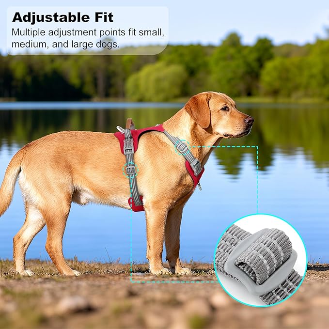 No Pull Dog Harness – Adjustable Reflective Nylon Vest for Small Medium Large Dogs, Escape Proof Training Harness with Leather Control Handle, Lightweight Aluminum Hardware (Red, XL)