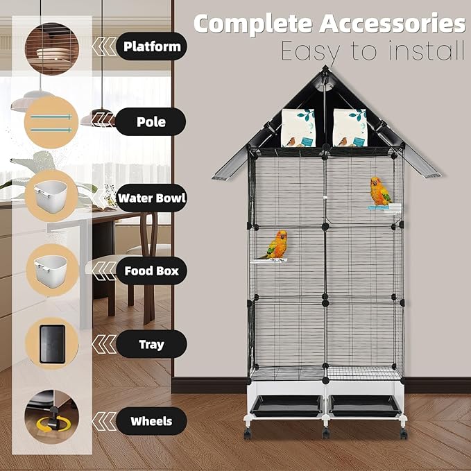 64 Inch 3-Tier Big Bird Cage with Food & Water Bowls Parakeet Bird Cage with Stand, Wheels Metal Birdcage Parrot Cage for Parakeet, Lovebirds, Ringneck, Cockatiels (Black, 3-Tier)