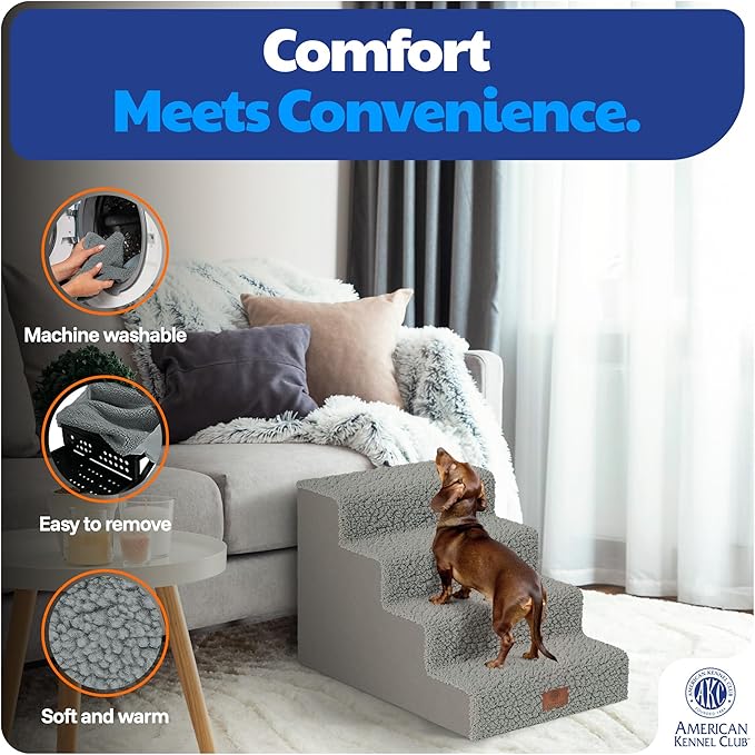 AKC 4-Step Pet Stairs – Durable, Non-Slip Steps for Small Dogs and Cats, Washable Cover, Simple No-Tool Assembly, Supports Up to 50 lbs