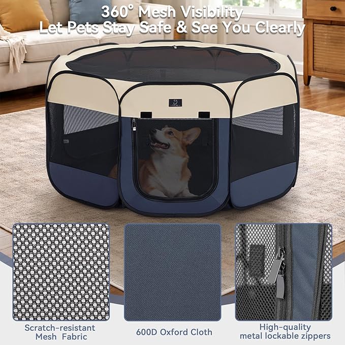 Portable Indoor Dog Playpen for Small Dogs & Puppies by A 4 Pet – 50.39" Pop-Up Soft Puppy Playpens with Bowl, Waterproof Floor, Calm Safe Space for Home, Travel & Daily Use