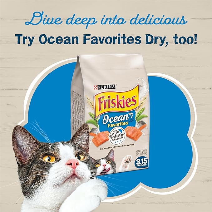Friskies Purina Ocean Favorites Wet Cat Food Pate and Meaty Bits Variety Pack with Salmon and Tuna - 5.5 oz. Cans,(Pack of 48)