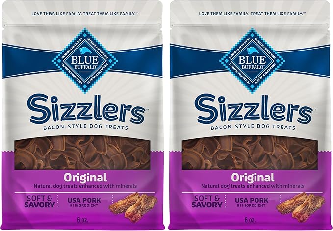 Blue Buffalo Sizzlers Natural Soft Dog Treats, Bacon-Style Soft-Moist Dog Treats with Real USA Pork, Original Flavor, 6-oz Bag (Pack of 2)