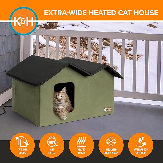 K&H Pet Products Extra-Wide Heated Cat House for Outside, Outdoor Cat House with 2 Safe Escape Doors, Weatherproof Insulated Stray & Feral Shelter with Waterproof Heated Bed, Safety Listed - Olive