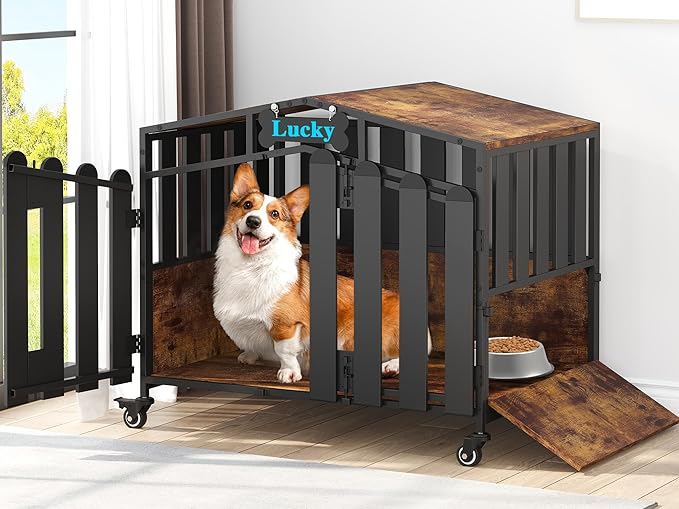 EasyCom 31" Heavy Duty Dog Crate Furniture, Dogs Kennel Indoor with 360° Wheels, Decorative Dog Crates for Small Dogs, Wooden Dog Cage with Feeding Window and Name Tag, Dog House, Rustic Brown