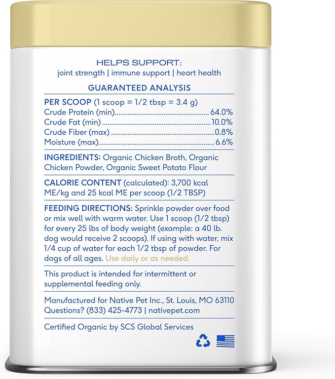 Native Pet Bone Broth for Dogs and Cats - Chicken Bone Broth Powder Dog Food Toppers for Picky Eaters - Provides Extra Nutrition for Joint Strength, Immune Support & Heart Health - 96 Scoops