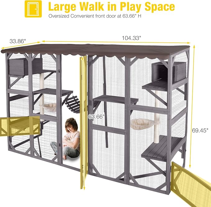 Aivituvin Catio Outdoor Cat Enclosure Window Large Cat Patio 3 Tiers with 6 Platforms and 2 Scratching Posts for Cats House 104" L