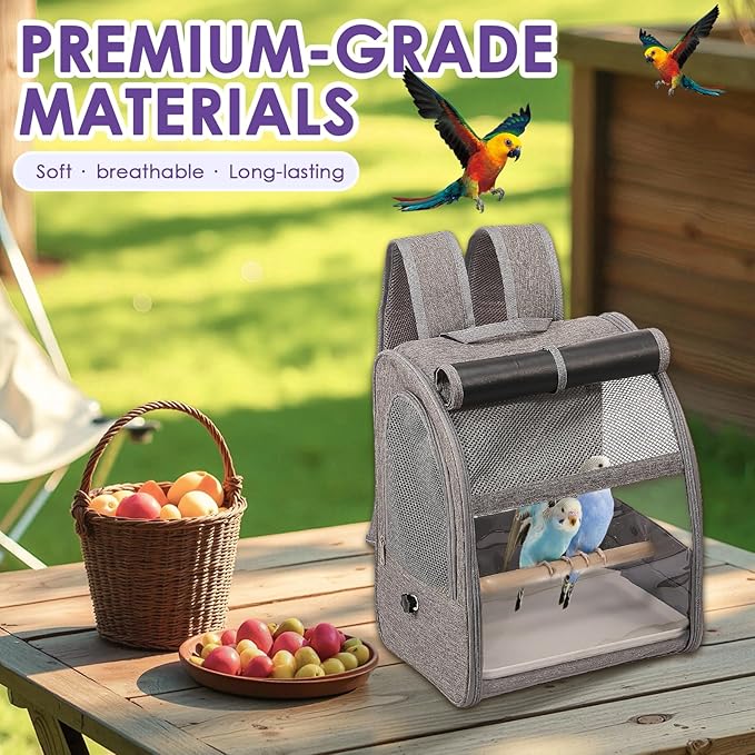 Bird Carrier Backpack, Breathable Bird Travel Backpack Set with Standing Perch and Tray, Pet Transparent Breathable Travel Cage, Pet Travel Cage for Cockatiels, Parrots, Hiking
