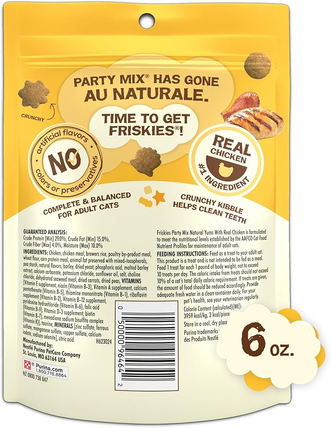 Purina Friskies Natural Cat Treats, Party Mix Natural Yums With Real Chicken & Vitamins, Minerals & Nutrients - (Pack of 6) 6 oz. Pouches
