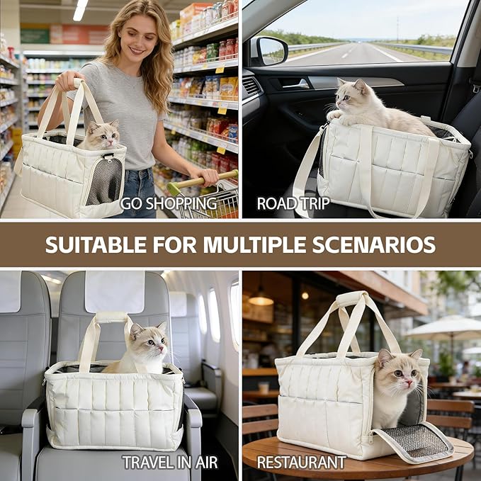 Dog Purse Carrier for Small Dogs, Small Cat Purse Carrier Soft with Large Pocket, Portable Pet Carrier Tote Bag with Safe Leash (White)