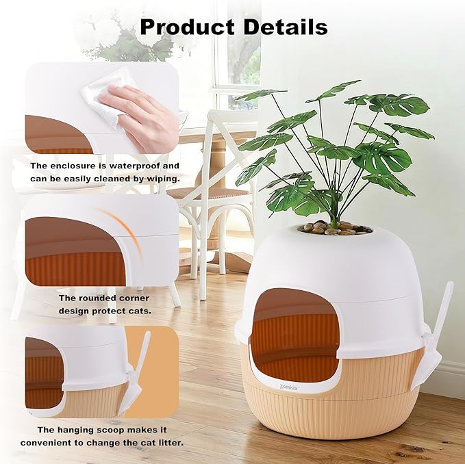 Hidden Cat Litter Box with Faux Plant, Odor Control Litter Box Enclosure Furniture with Artificial Planter and Scoop, Easy to Assemble and Clean, White & Khaki