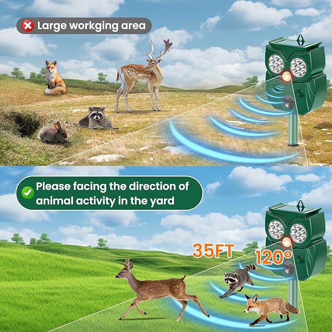 Solar Ultrasonic Animal Repellent Outdoor, 4Pack Waterproof Deer Repellent Devices with RIP Motion Sensor, Cat Repellent with LED Flashing Lights, Raccoons, Skunks, Rabbits Deer Deterrent Outdoor