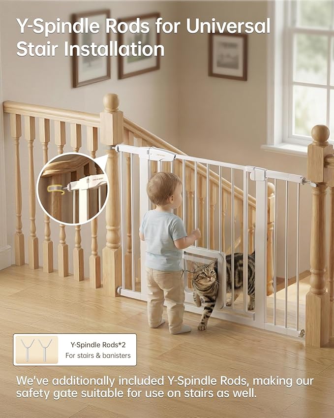 Baby Gate with Cat Door, 29.92-48 ” Wide Baby Gate for Stairs, Pressure Mounted Gate No Drill, Auto Close Dog Gate for Doorways, Easy Walk Through Safety Gates with Pet Door, Indoor, White