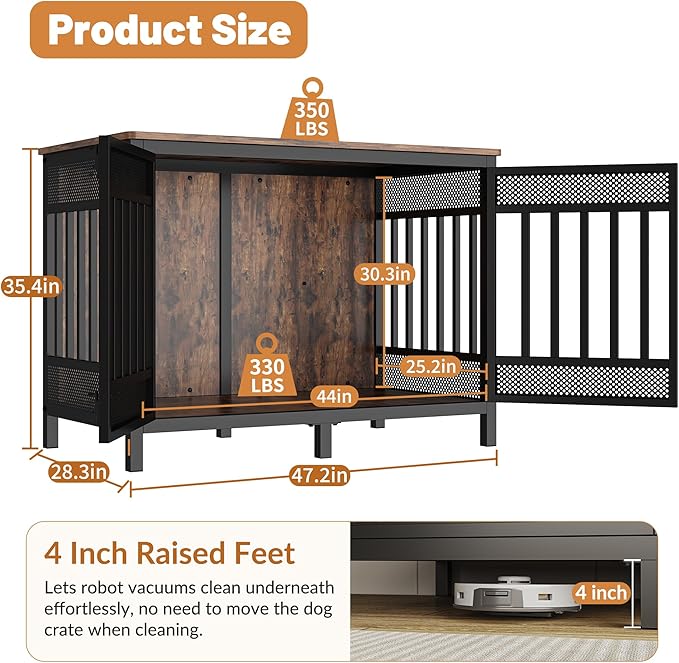 Boshen 48inch XXL Dog Crate Furniture for Large and Medium Dogs, Heavy Duty Wooden Reinforced Frame Dog Kennel Indoor with Double Doors, Decorate House as TV Stand, End Table