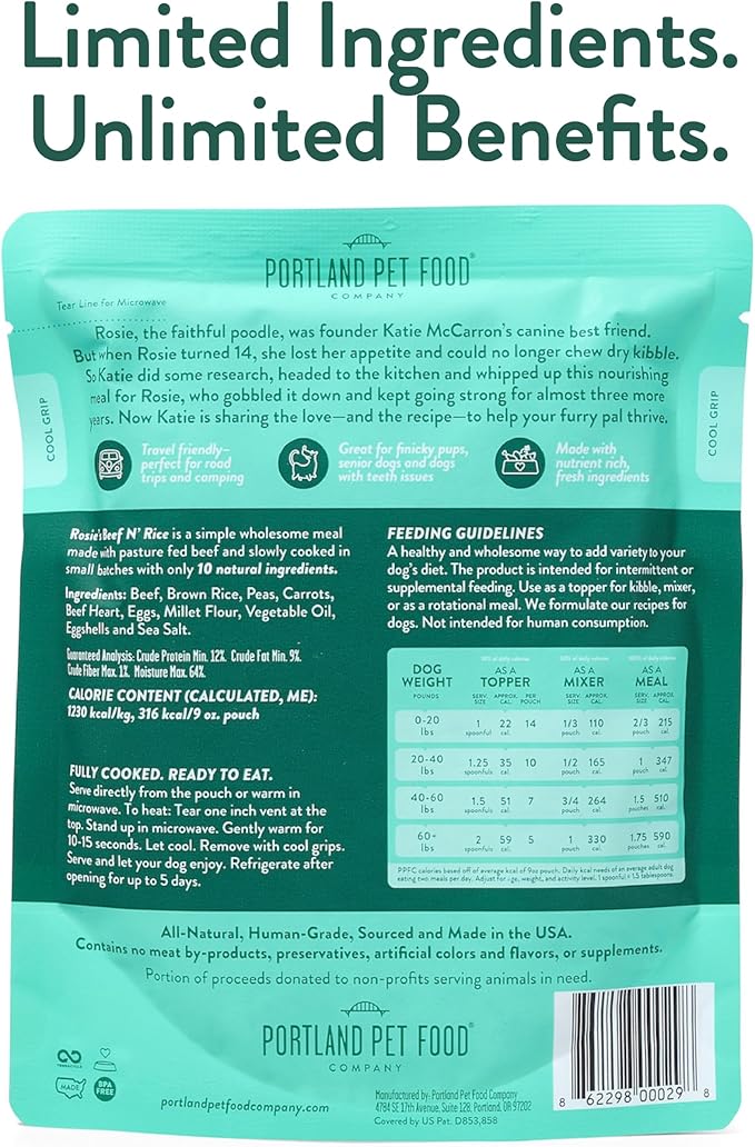 Portland Pet Food Company Fresh Dog Food Pouches - Human-Grade Toppers Wet Pet Meal & Mixers - Small & Large Breed Puppy & Senior Dogs - Gluten-Free, Limited Ingredient Rosie’s Beef N' Rice - 5 Pack