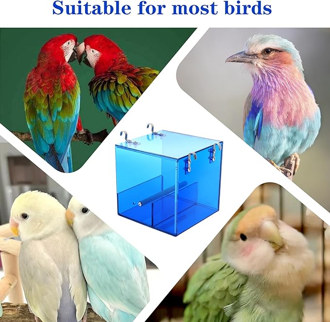 Automatic Bird Feeder Residue-Free Bird Cage Pet Feeder Seed & Pellet Container Suitable for Long-Tailed Parrots, Budgerigars, Parrots, Canaries Acrylic Material (Blue 6.3 x 6.3 x 6.3 inches)