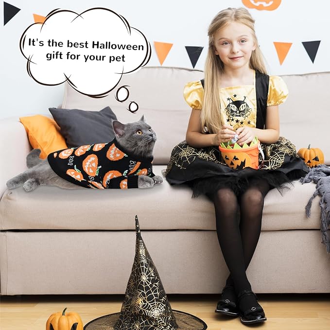 Pet Puppy Dog Halloween Sweater Cat Pumpkin Knitwear Clothes Costume with Cute Boo Pattern Halloween Sweater Coat for Kittens Small Dogs Cats S