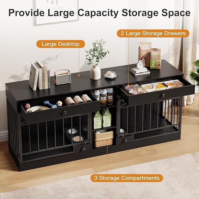 GAOMON Dog Crate Furniture for 2 Dogs, 78.7'' Large Dog Kennel Indoor with 2 Storage Drawers, 3 Shelves and Feeding Bowls, Double Dog Crate TV Stand for Small and Medium Dogs, Black