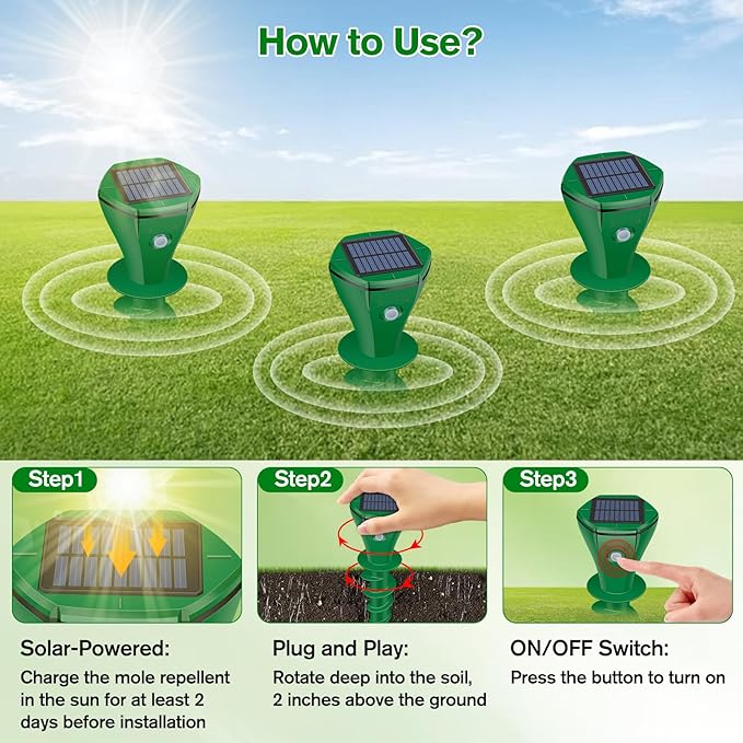 Mole Repellent Solar Powered Ultrasonic,Deer Repellent Devices,Gopher Trap Groundhog Repeller,Sonic Spikes Get Rid of All Pests Vole, Chipmunk,Cat,Skunk,Snake,Mole Trap for Lawn, Garden Yard (6P)