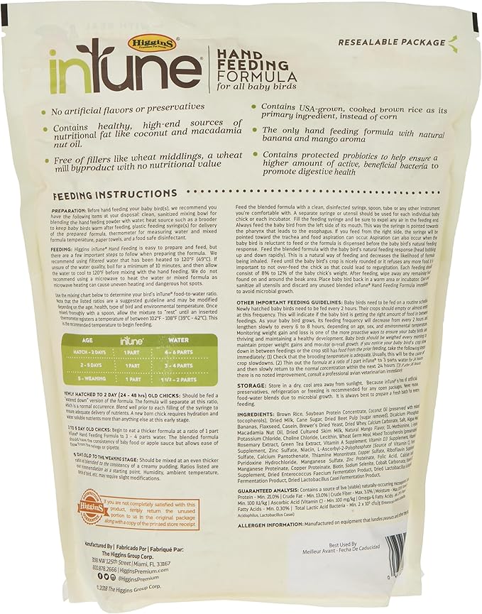 Higgins Intune Natural Hand Feeding Baby Bird Food Formula, 5lb