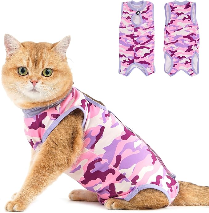 Avont Cat Recovery Suit - Kitten Onesie for Cats After Surgery, Cone of Shame Alternative Surgical Spay Suit for Female Cat, Post-Surgery or Skin Diseases Protection -Purplecamo(L)
