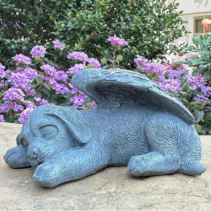 Small Dog Angel Pet Memorial Grave Marker Tribute Statue，Resin Sleeping Dog Statue with Wings for Garden,Indoor,Pet Grave Markers,and Loss of Sympathy Gift(Gray)