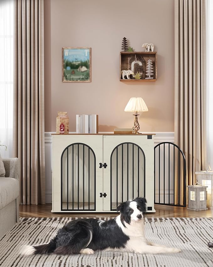 44.1" Wooden Dog Crate Furniture, Indoor Dog Kennel Dogs Cage for Small/Medium/Large Dogs, Heavy Duty Dog Crates Decorative Pet House End Side Table TV Stand, White Brown DFC83914B