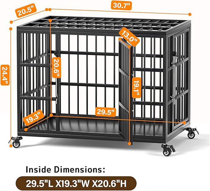 VERIFURTY 30 Inch Heavy Duty Dog Crate for Medium and Small Dogs with Self-Locking Latch, Escape-Proof Steel Kennel Indoor, Double Door Metal Pet Cage with Wheels and Removable Floor