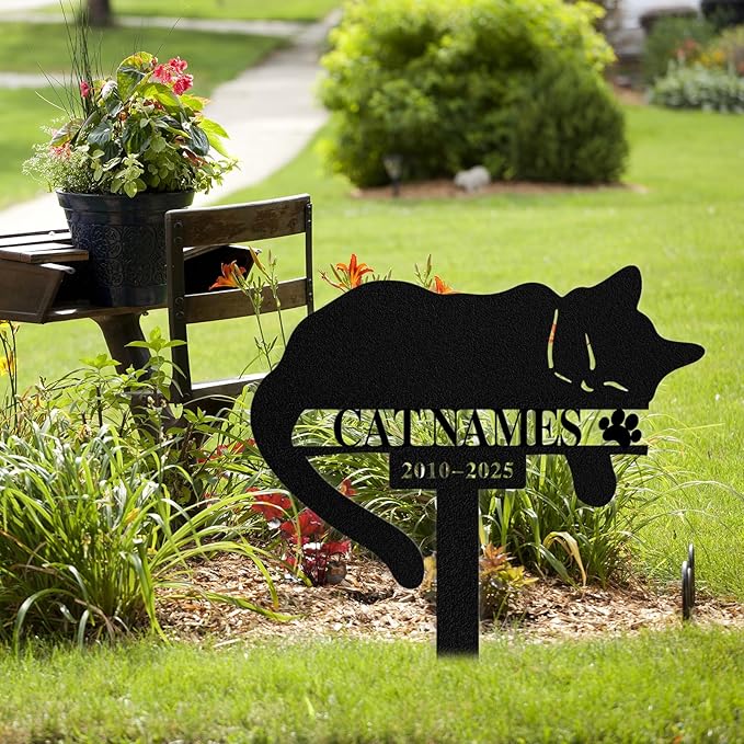 Custom Sleeping Cat Grave Marker Outdoor, Personalized Metal Cat Memorial Grave Stake with Name and Date, Outdoor Waterrproof Cats Memorial Plaque