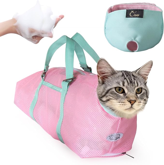 Cinf Cat Bathing Bag(Free Muzzle) Breathable Mesh Anti Scratch Adjustable Cat Grooming Bag for Nail Trimming, Bathing Soft Cat Washing Bag(Spring) L